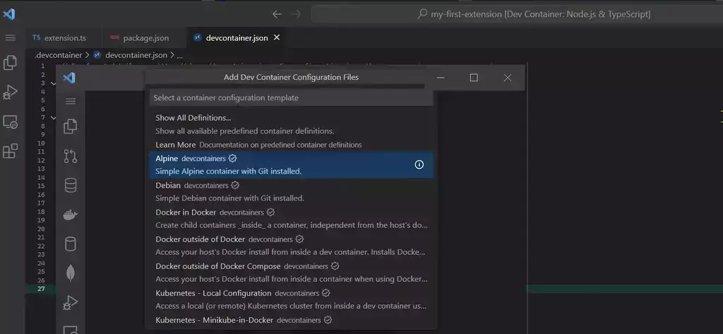Screenshot of vscode with a devcontainer active