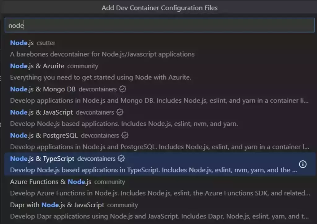 screenshot of vscode add dev-container wizard with a search for node active - shows many options of node with and without extras