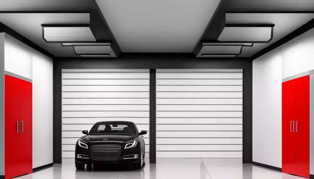 A black car in a very clean garage with two red doors