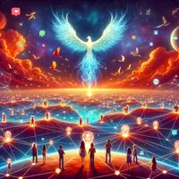 illustration of a vibrant Fediverse community rising like a phoenix with interconnected nodes representing various platforms, set against a starry cyberspace background, symbolizing a welcoming and interconnected online world