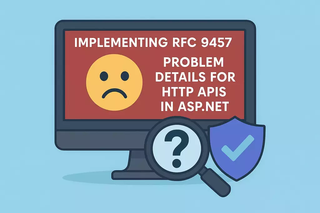 A computer monitor displaying an error message with a sad face emoji. Text overlay reads Implementing RFC 9457: Problem Details for HTTP APIs in ASP.NET.