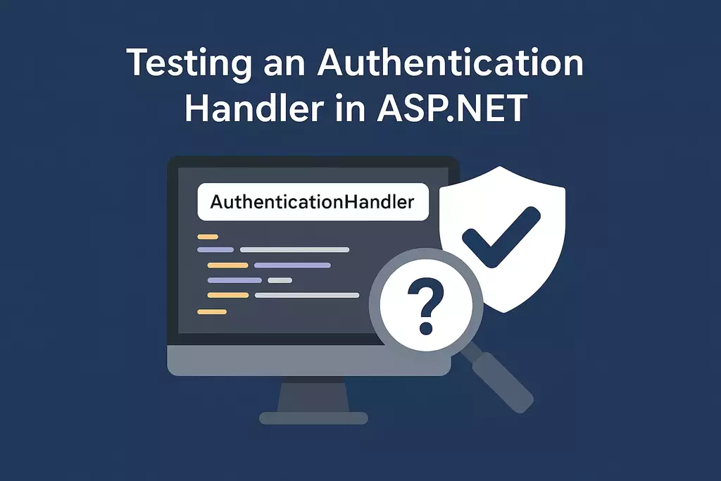 A computer monitor displaying colourful lines labeled AuthenticationHandler, with a magnifying glass showing a question mark in front and a shield with a checkmark. Text overlay reads Testing an AuthenticationHandler in ASP.NET.