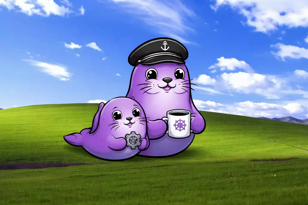 Purple seals on a "bliss" background. One of them has a captain's hat and a cup with two handles and a Kubernetes logo. The other has a small cog.